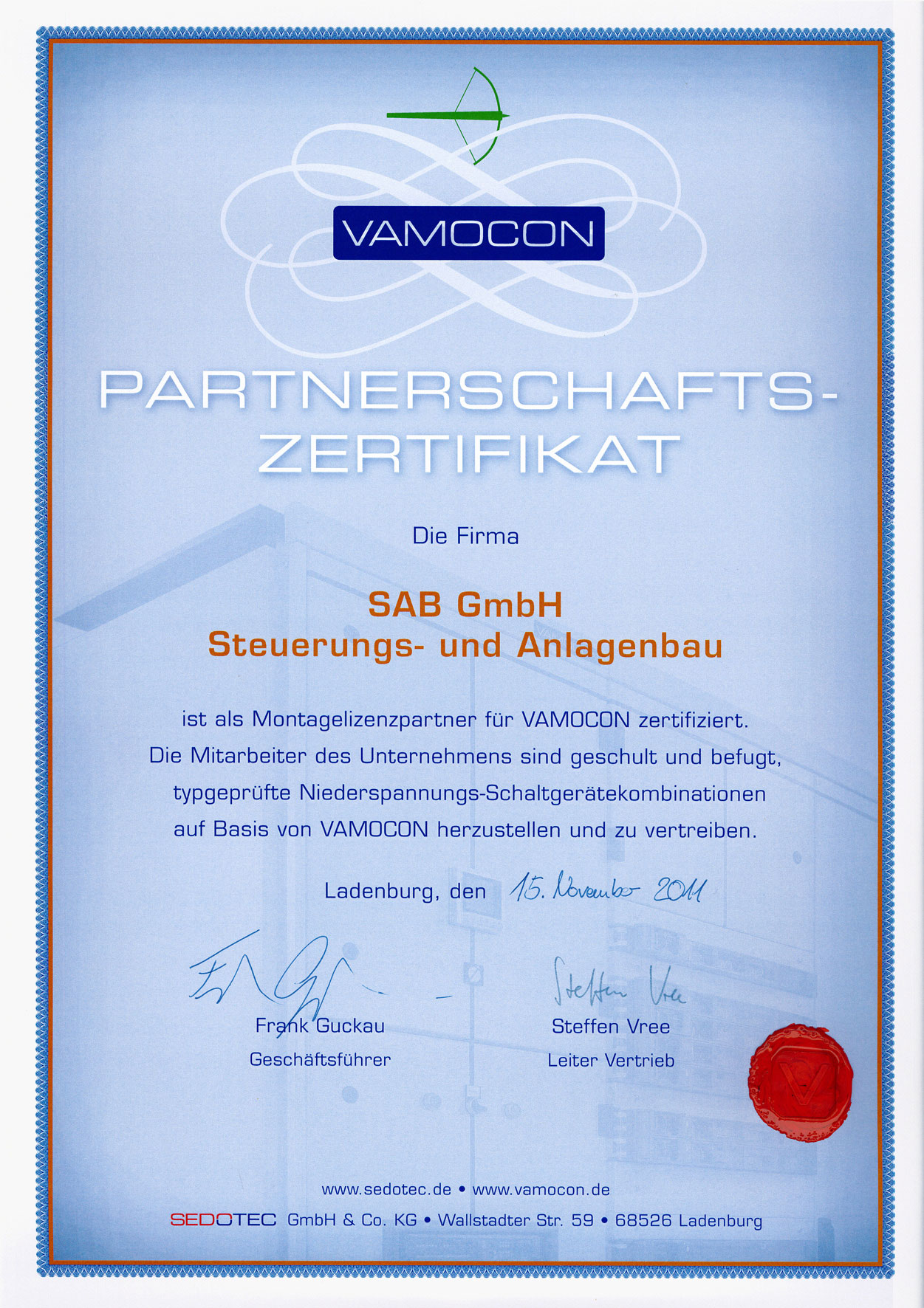 SAB_Nufringen_Schaltanlagenbau_Vamocon_Zertifikat